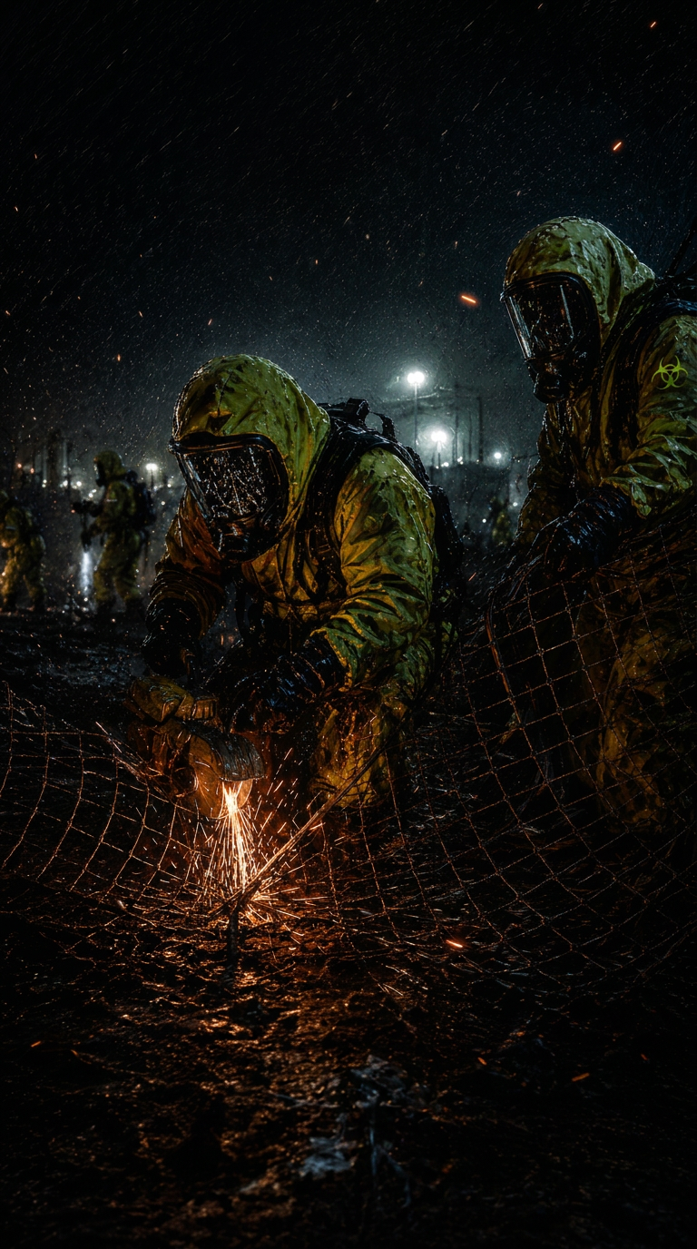 HazmatAthletics crew cutting through a fence in Level A hazmat suits at night — no fear in the hot zone